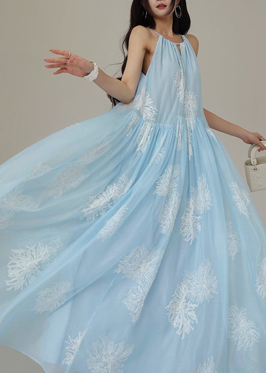 Floral Embroidered Halter Neck Keyhole Gathered Tiered Maxi Dress - View 4