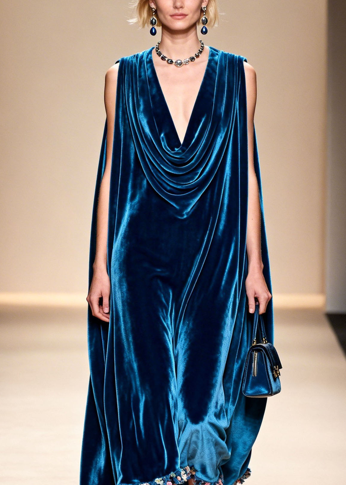 Velvet Cowl Neck Sleeveless Floral Applique Hem Maxi Gown - View 2