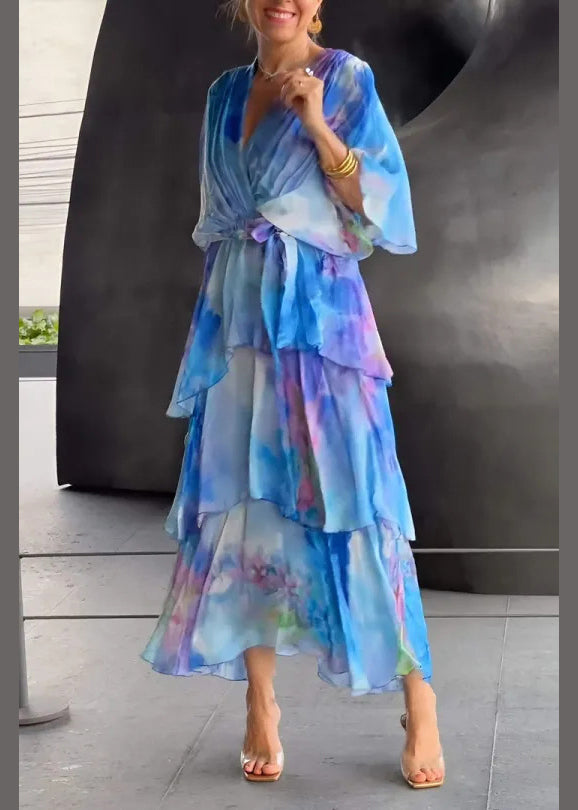 Loose Blue Layered Ruffled Print Chiffon Dress Butterfly Sleeve - View 2