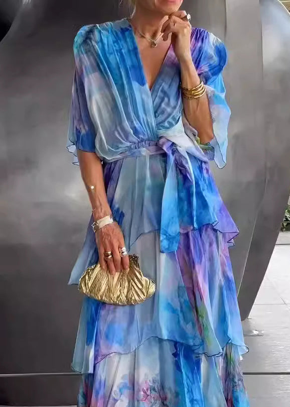 Loose Blue Layered Ruffled Print Chiffon Dress Butterfly Sleeve - View 4