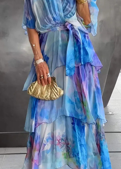 Loose Blue Layered Ruffled Print Chiffon Dress Butterfly Sleeve - View 5
