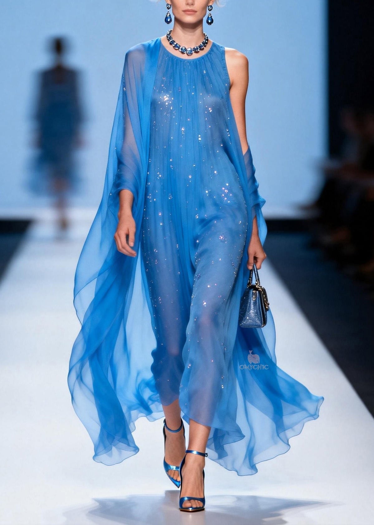 Rhinestone Scatter Round Neck Sheer Cape Train Chiffon Maxi Gown - View 3