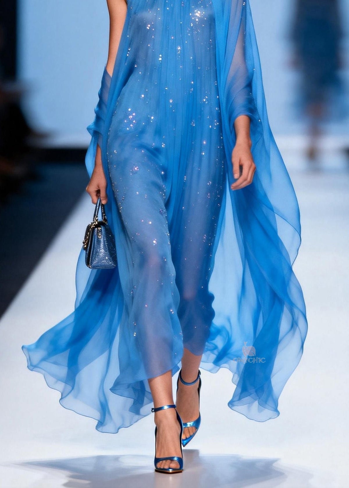 Rhinestone Scatter Round Neck Sheer Cape Train Chiffon Maxi Gown - View 4