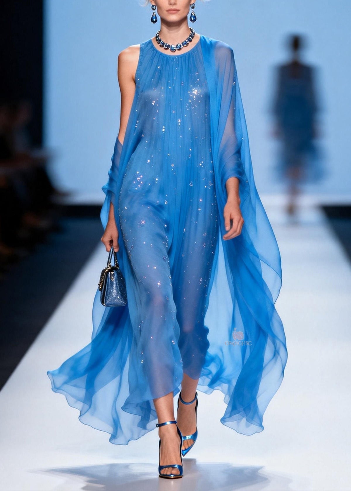 Rhinestone Scatter Round Neck Sheer Cape Train Chiffon Maxi Gown - View 5