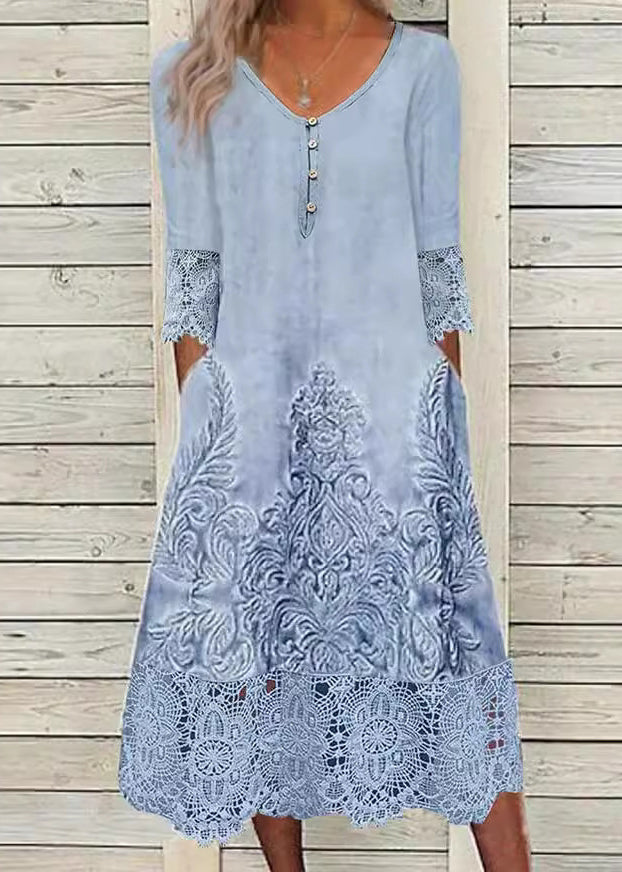 Damask Print V-Neck Lace Trim Three Quarter A-Line Midi Dress - View 2