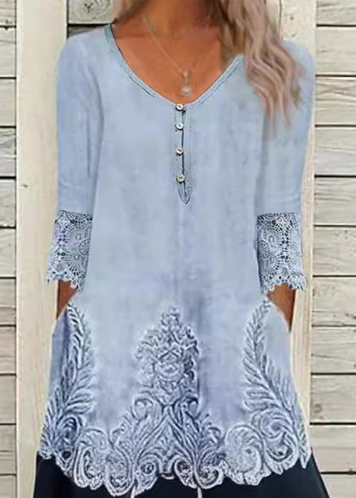 Damask Print V-Neck Lace Trim Three Quarter A-Line Midi Dress - View 3