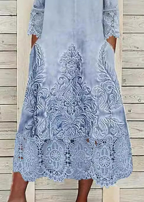 Damask Print V-Neck Lace Trim Three Quarter A-Line Midi Dress - View 4