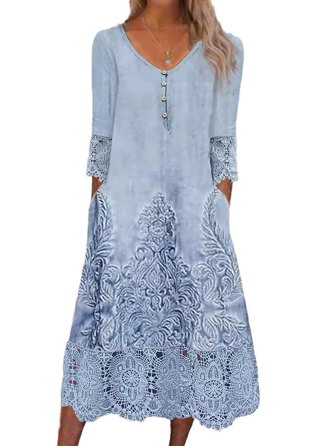 Damask Print V-Neck Lace Trim Three Quarter A-Line Midi Dress - View 5