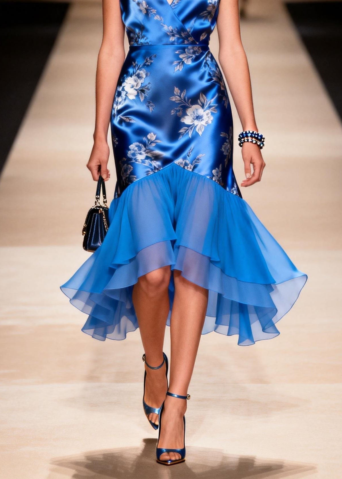Floral Print Satin Wrap V-Neck Cap Sleeve Tiered Cocktail Dress - View 4