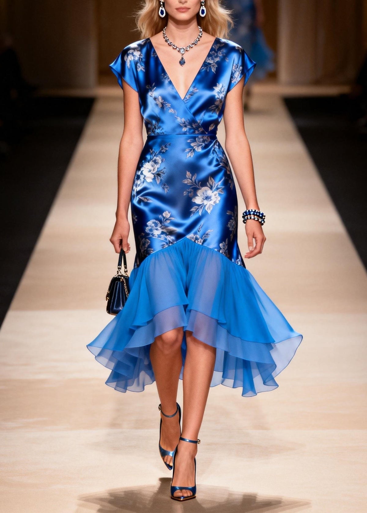 Floral Print Satin Wrap V-Neck Cap Sleeve Tiered Cocktail Dress - View 5
