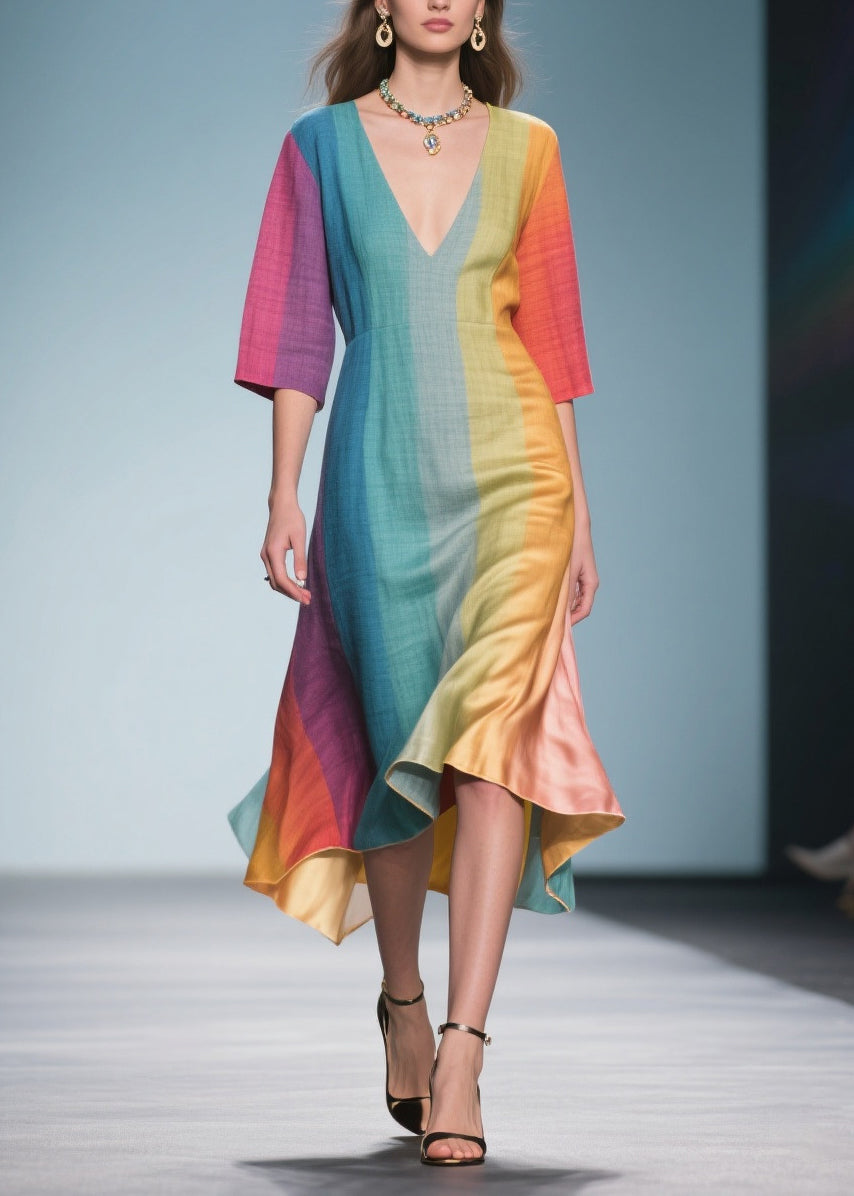 Vertical Stripe Deep V-Neck Three Quarter Sleeve Maxi Dress
