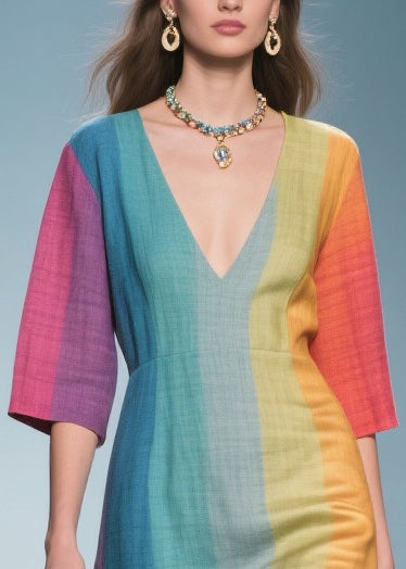 Vertical Stripe Deep V-Neck Three Quarter Sleeve Maxi Dress - View 2