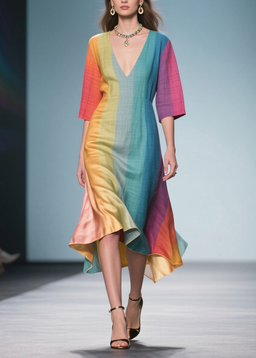 Vertical Stripe Deep V-Neck Three Quarter Sleeve Maxi Dress - View 3