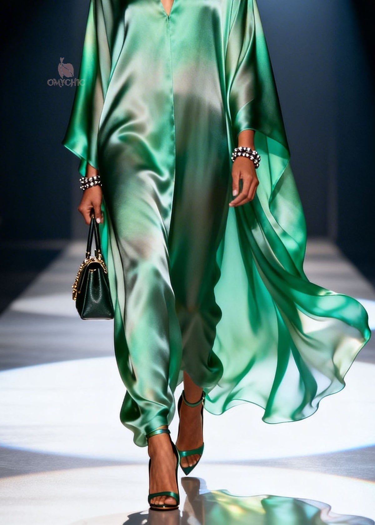 Ombre Satin Deep V-Neck Cape Sleeve Kaftan Maxi Gown - View 4