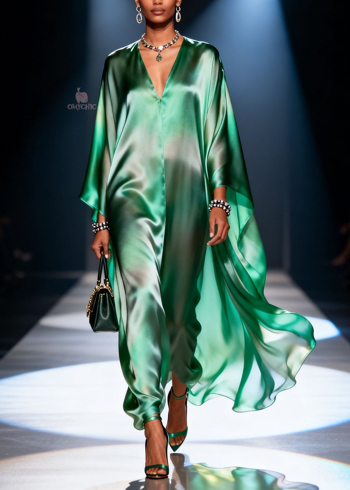 Ombre Satin Deep V-Neck Cape Sleeve Kaftan Maxi Gown - View 5