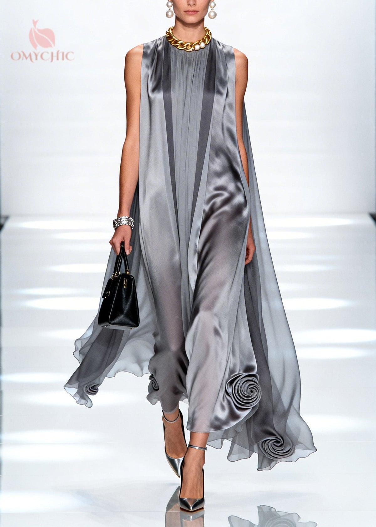 Satin High Neck Sheer Cape Panel Sculpted Rosette Hem Maxi Gown - View 5