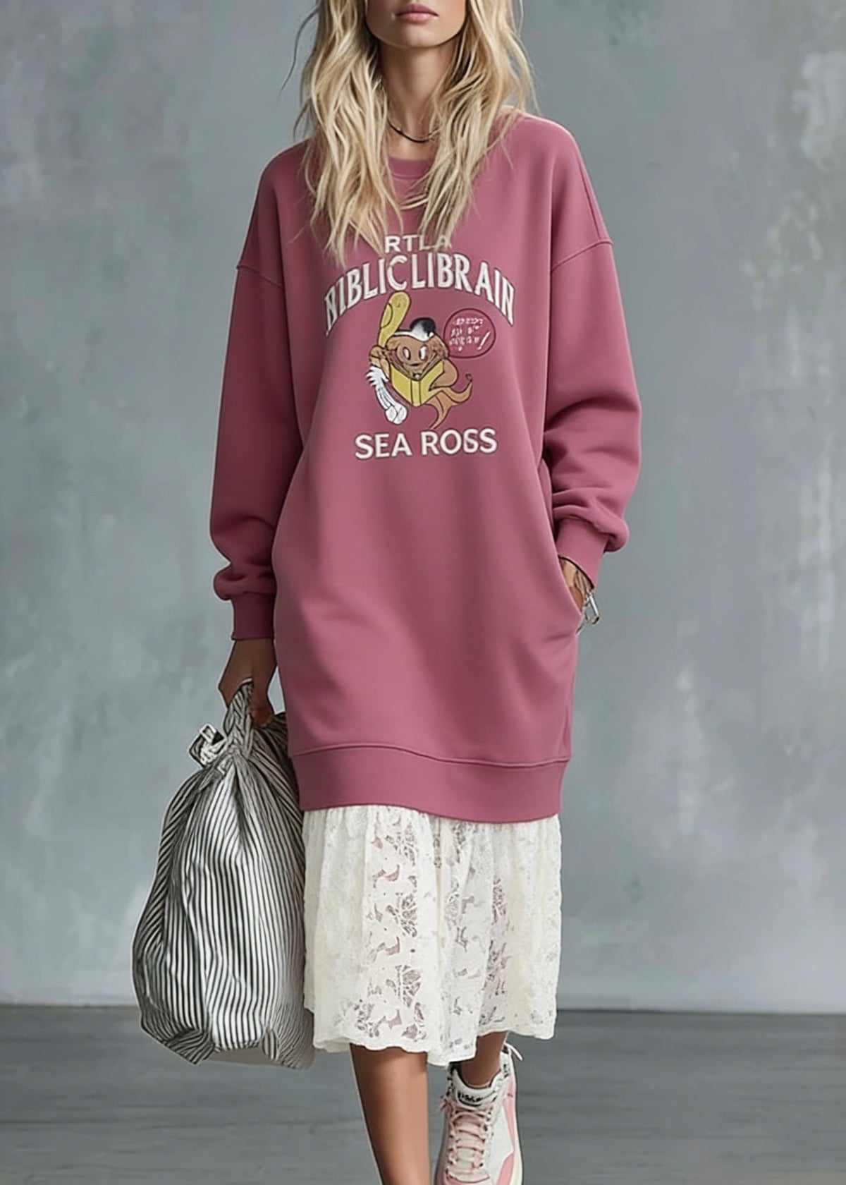 Oversized Crew Neck Graphic Print Long Sleeve Sweatshirt Dress - View 5