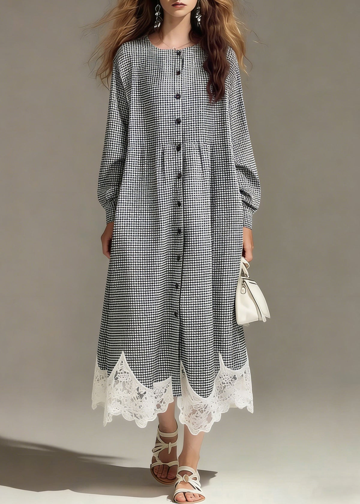 Gingham Crew Neck Long Sleeve Button Front Lace Trim Maxi Dress - View 5