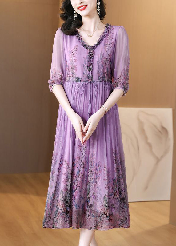 Loose Purple Ruffled Lace Up Print Chiffon Long Dress Half Sleeve - View 2