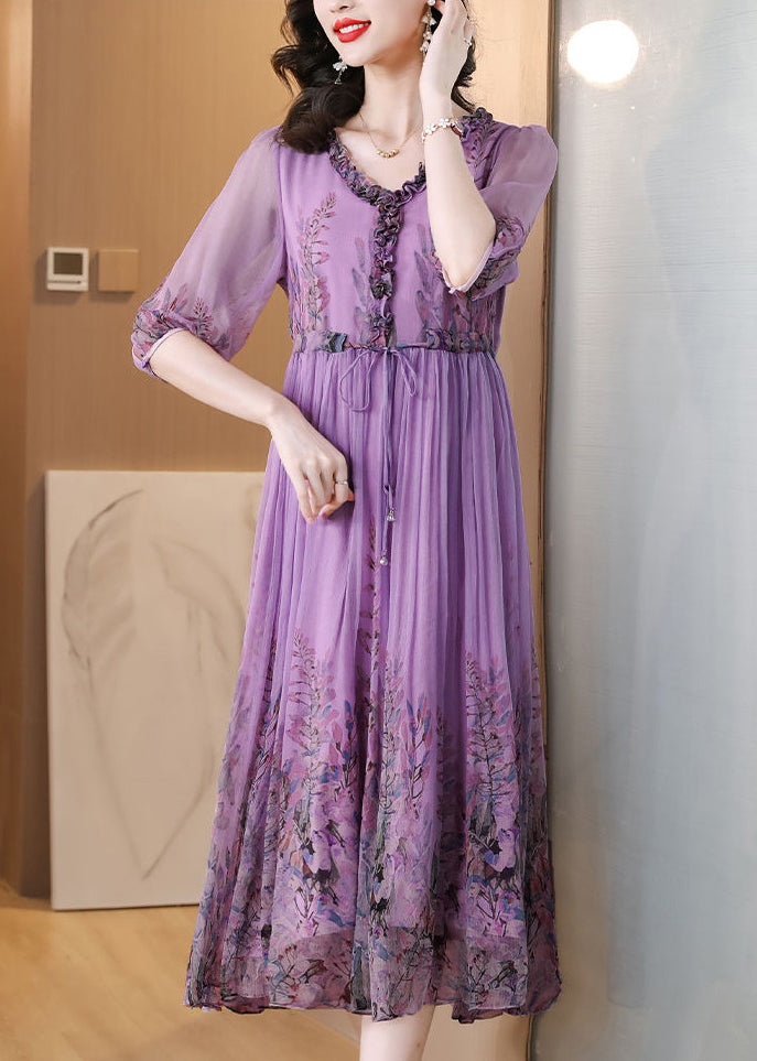 Loose Purple Ruffled Lace Up Print Chiffon Long Dress Half Sleeve - View 3