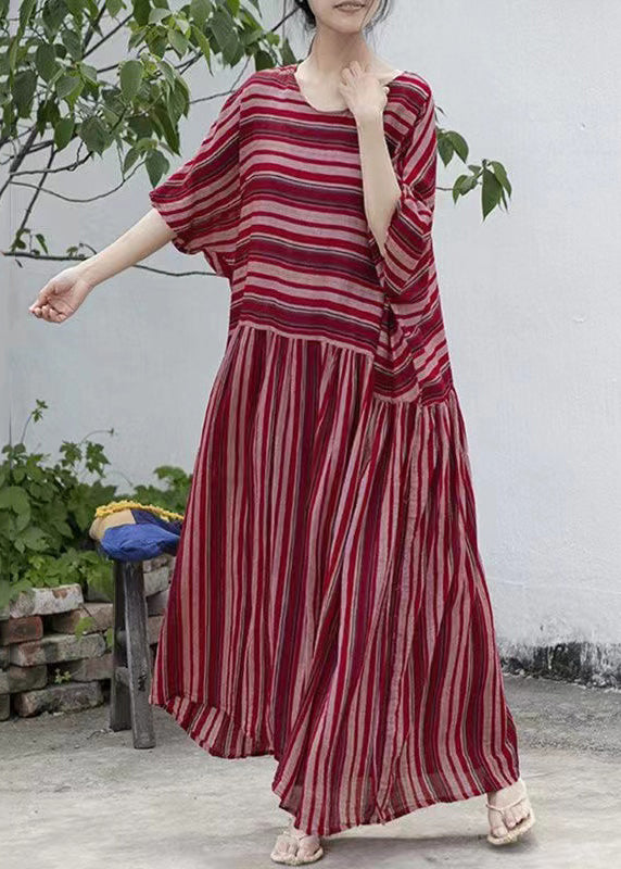 Striped Round Neck Batwing Sleeve Gathered Waist Maxi Dress