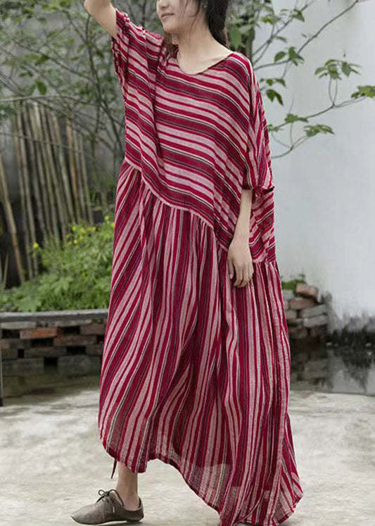 Striped Round Neck Batwing Sleeve Gathered Waist Maxi Dress - View 2