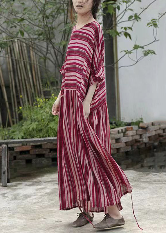Striped Round Neck Batwing Sleeve Gathered Waist Maxi Dress - View 3