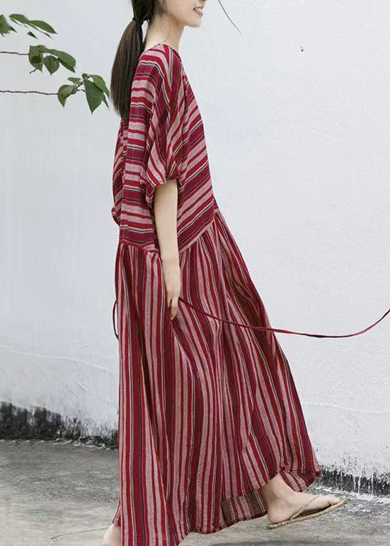 Striped Round Neck Batwing Sleeve Gathered Waist Maxi Dress - View 4