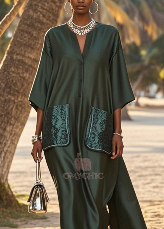 V-Neck Button Front Kimono Sleeve Jacquard Patch Pocket Maxi Dress - View 2