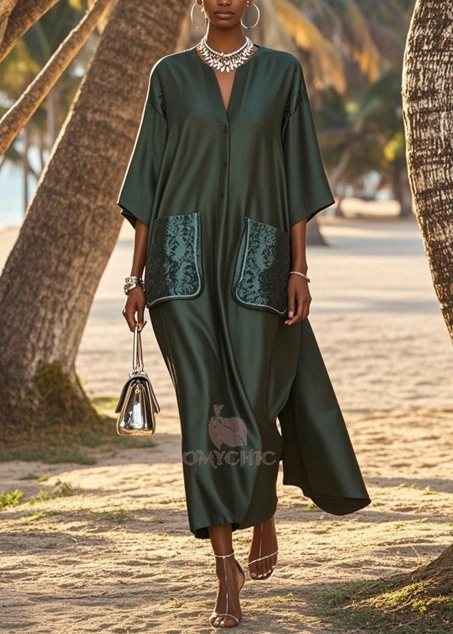 V-Neck Button Front Kimono Sleeve Jacquard Patch Pocket Maxi Dress - View 5