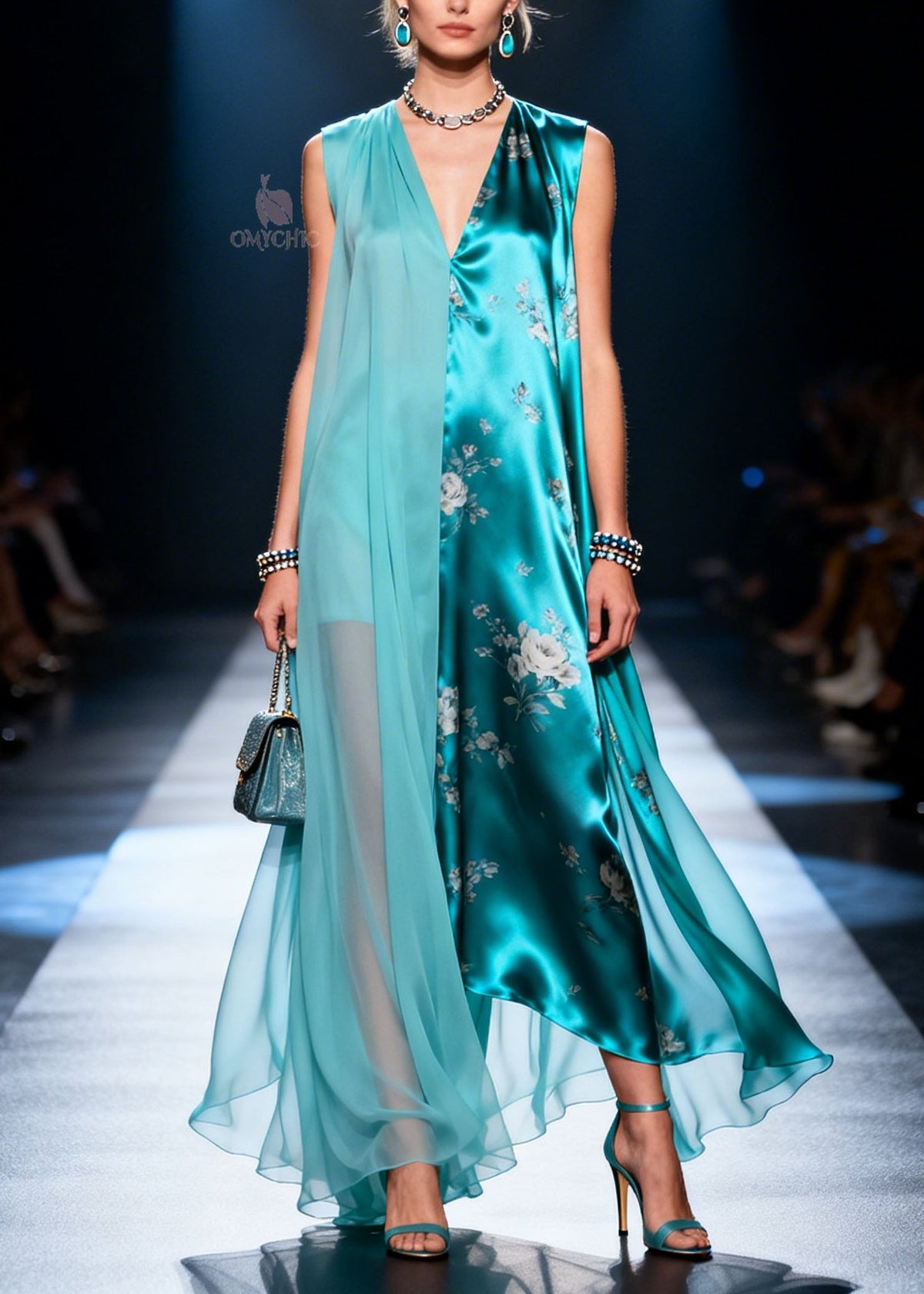 Floral Print Asymmetrical Sheer Chiffon Layered V-Neck Maxi Dress - View 3