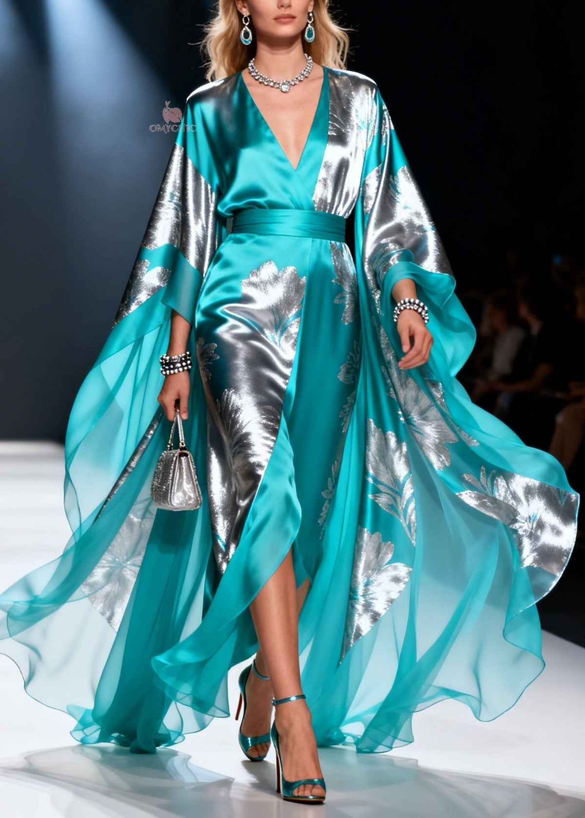 Metallic Floral Print Wrap V-Neck Belted Cape Sleeve Maxi Gown