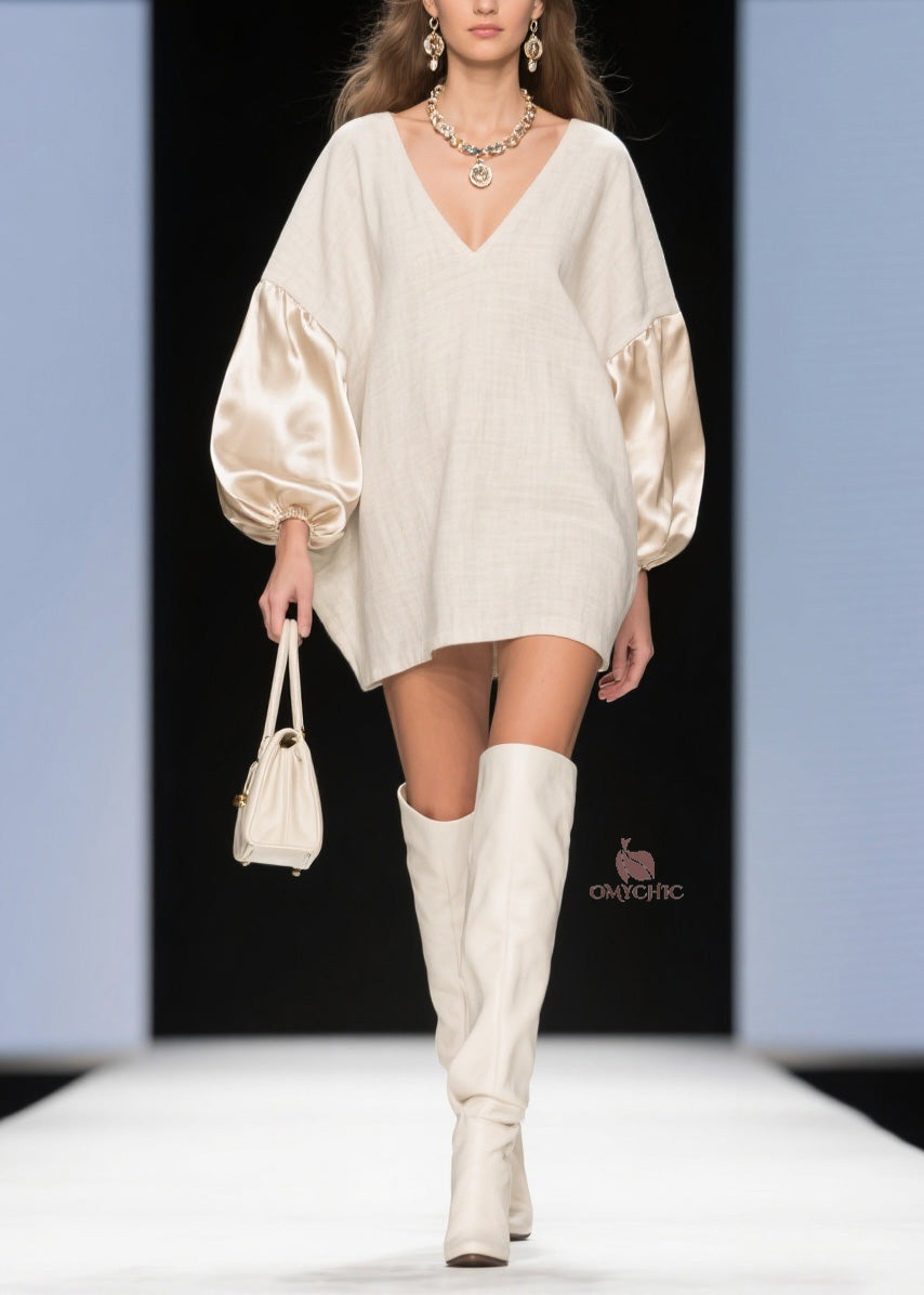 V-Neck Satin Lantern Sleeve Oversized Woven Shift Mini Dress - View 5