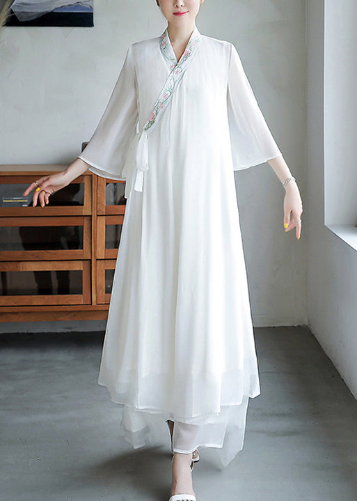 Chiffon Floral Embroidered Cross Wrap V-Neck Maxi Dress