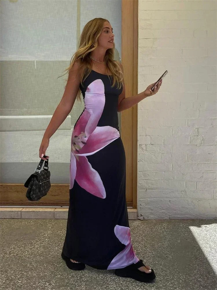 Floral Print A-Line Short Sleeve Maxi Dress in Blue - View 10