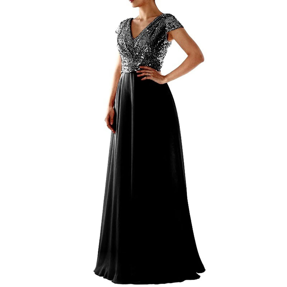 Sequin V-Neck Cap Sleeve Chiffon A-Line Maxi Gown - View 7