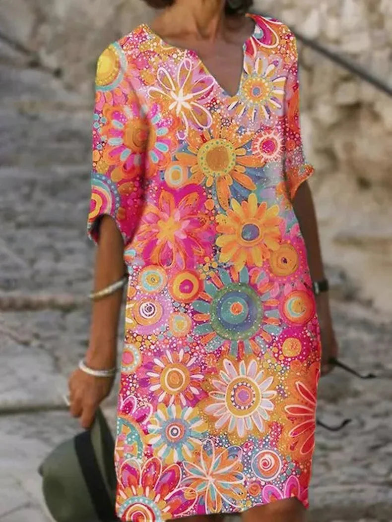 V-Neck Short Sleeve Boho Floral Print Shift Midi Dress - View 3