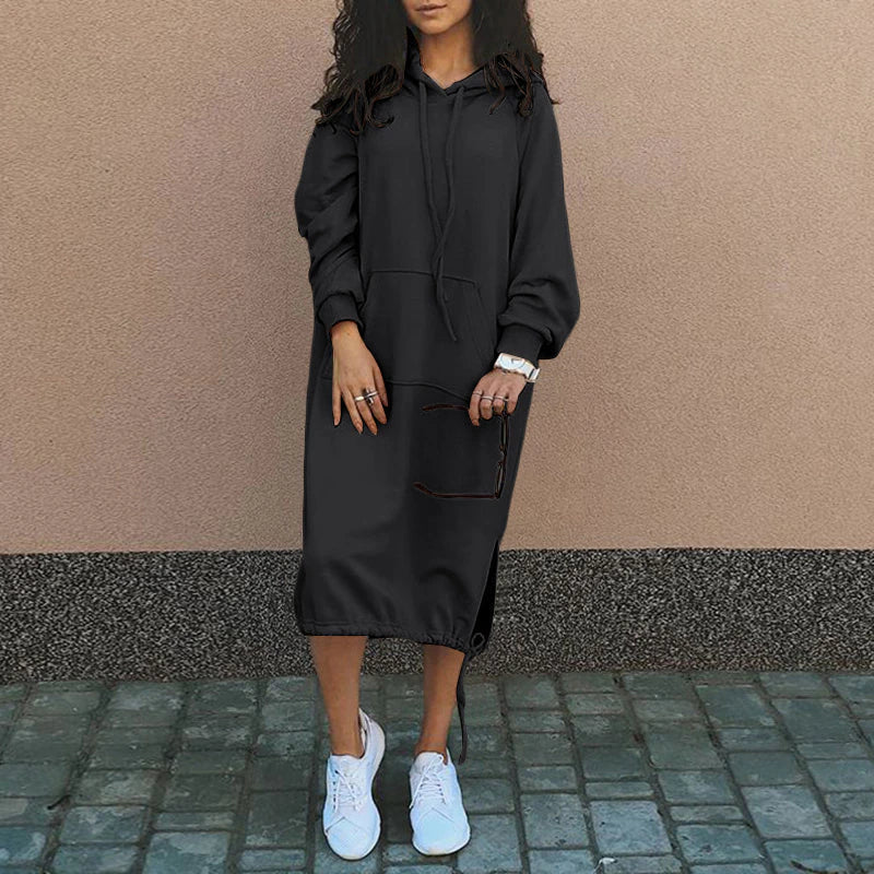 Hooded Long Sleeve Kangaroo Pocket Side Slit Drawstring Hem Dress - View 2