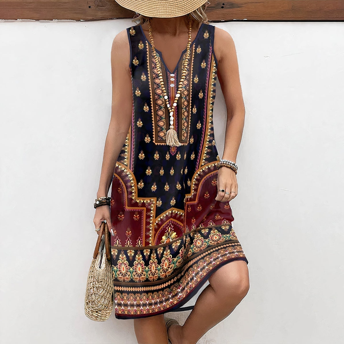 Sleeveless V-Neck Bohemian Print Shift Knee Length Dress