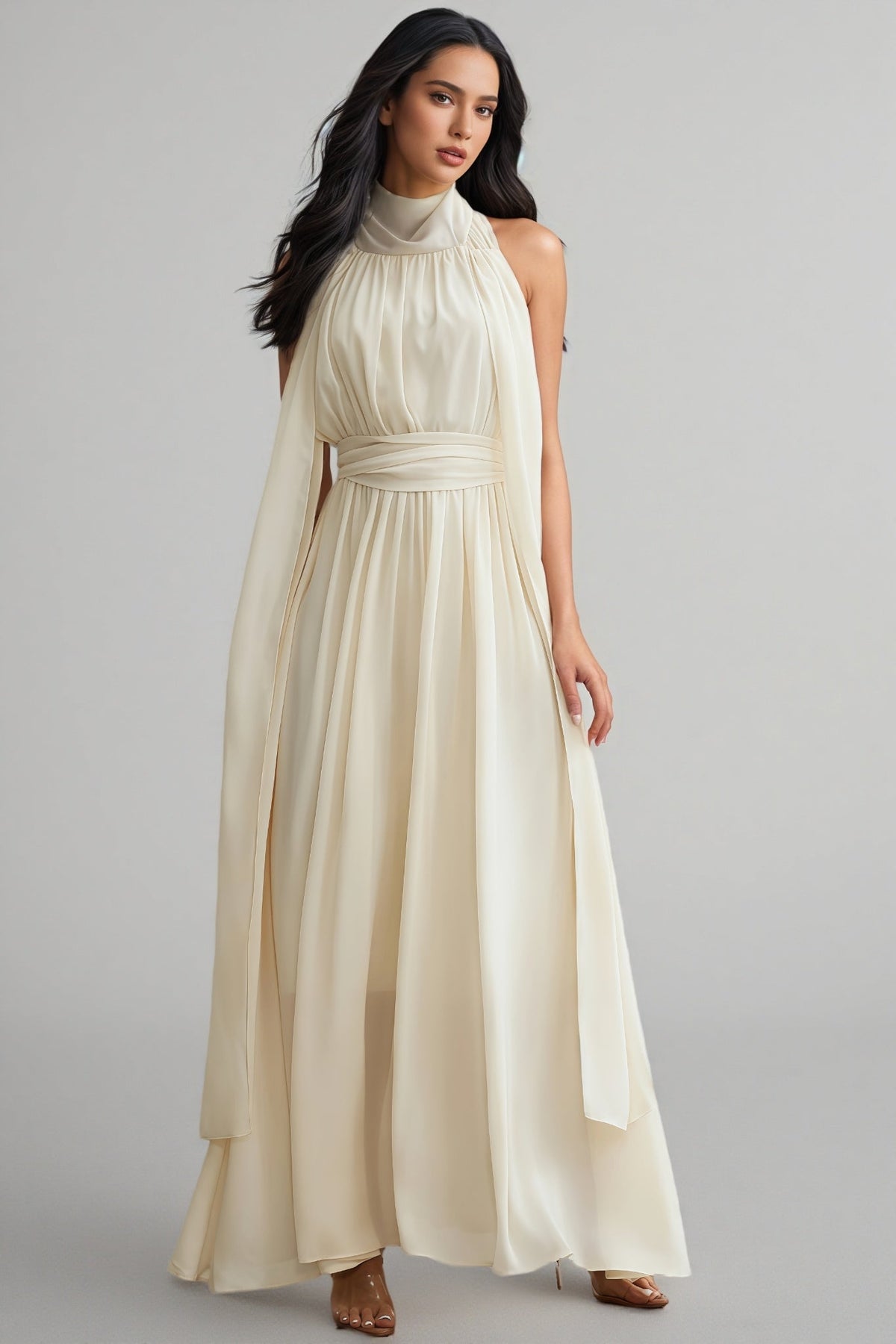 Zurilk Apricot Chiffon Backless Maxi Dress - View 5