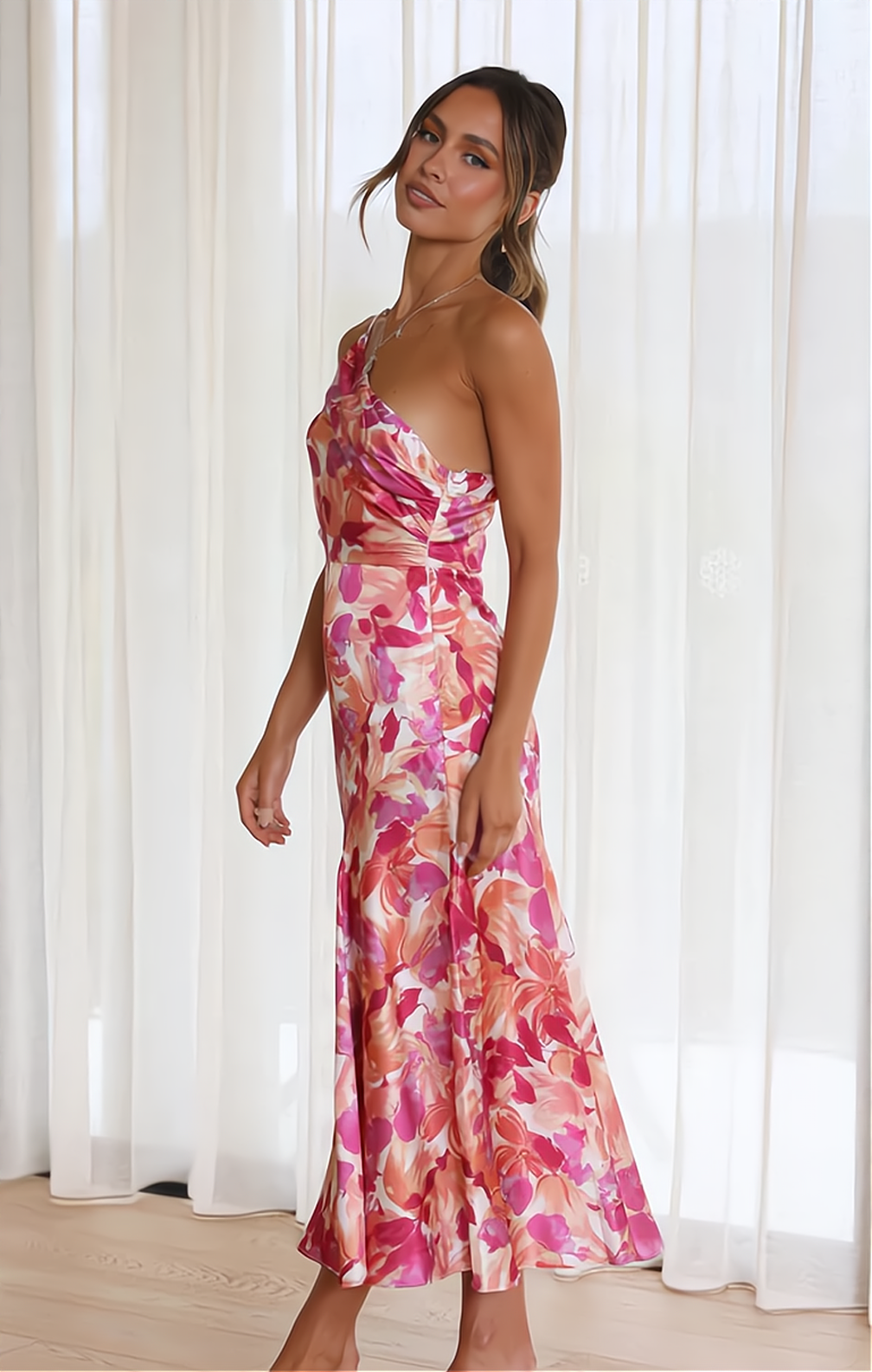One Shoulder Floral Satin Mermaid Midi Dress - View 3