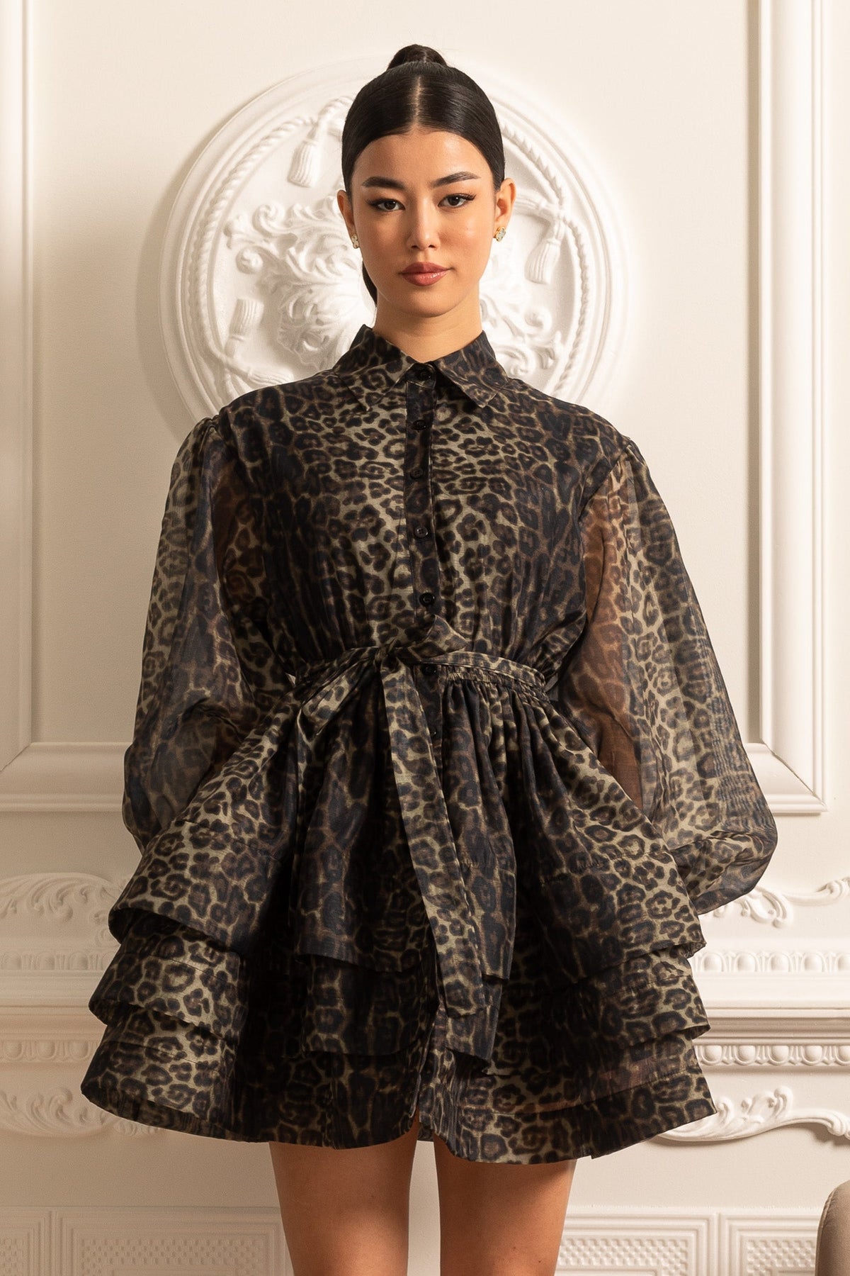 Animal Print Collar Button Front Puff Sleeve Tie Waist Mini Dress - View 3