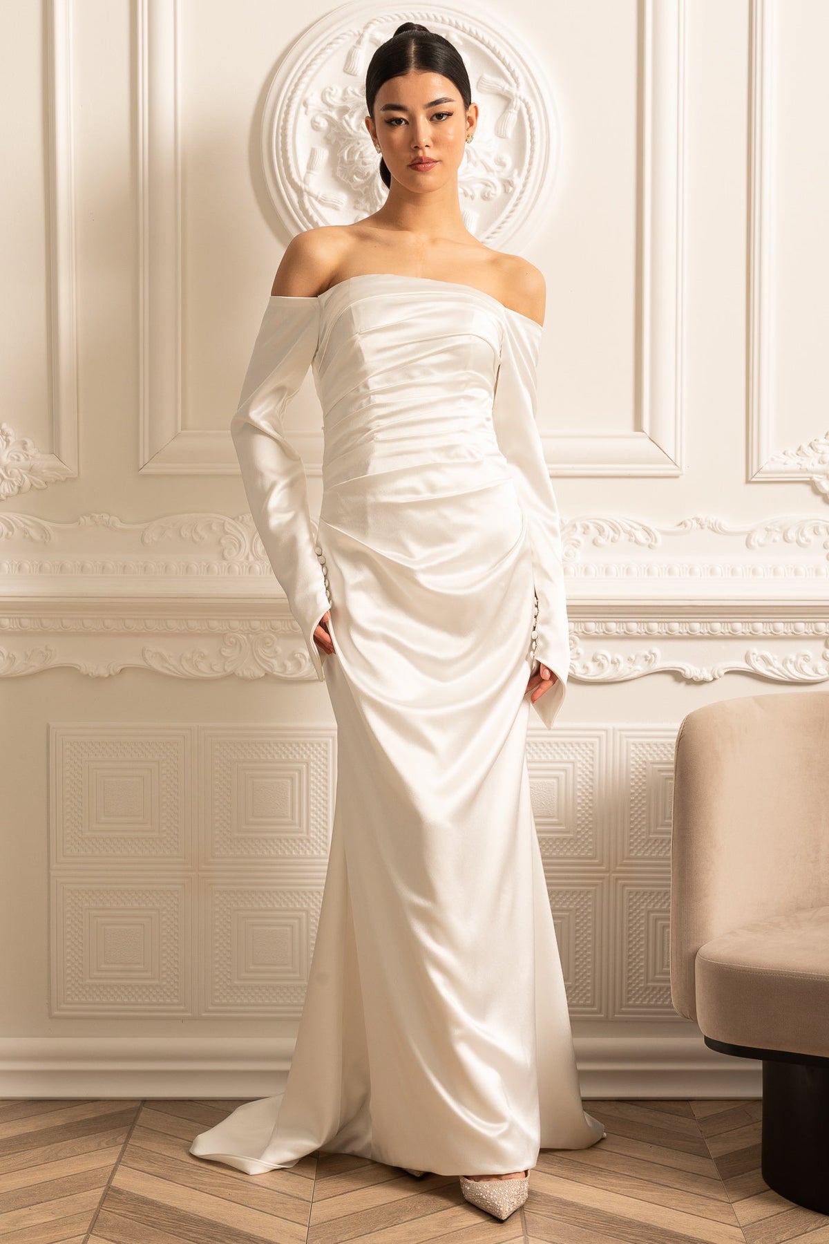 Off-Shoulder Satin Dress With Ruched Design And Draping Skirt - White - View 5