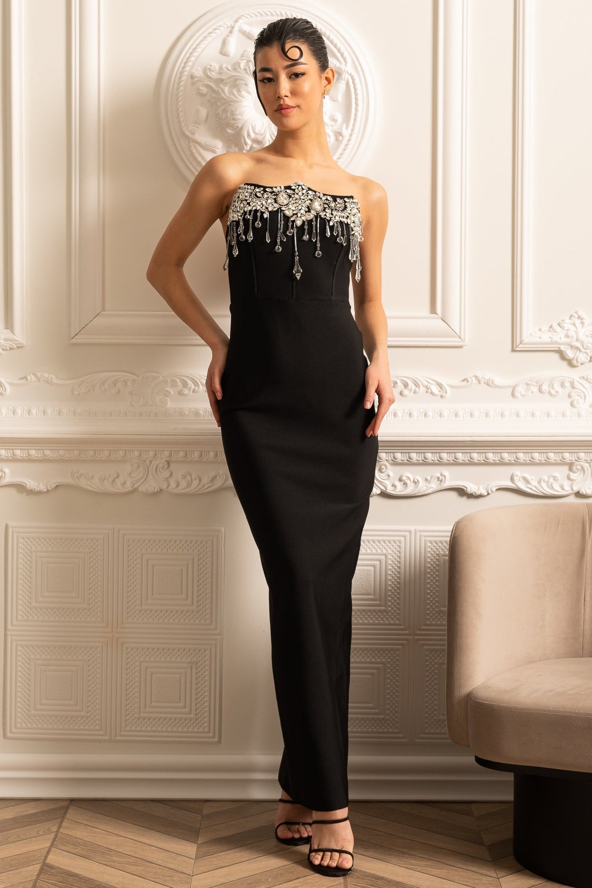 Corset Strapless Rhinestone Pearl Fringe Bodice Column Maxi Gown