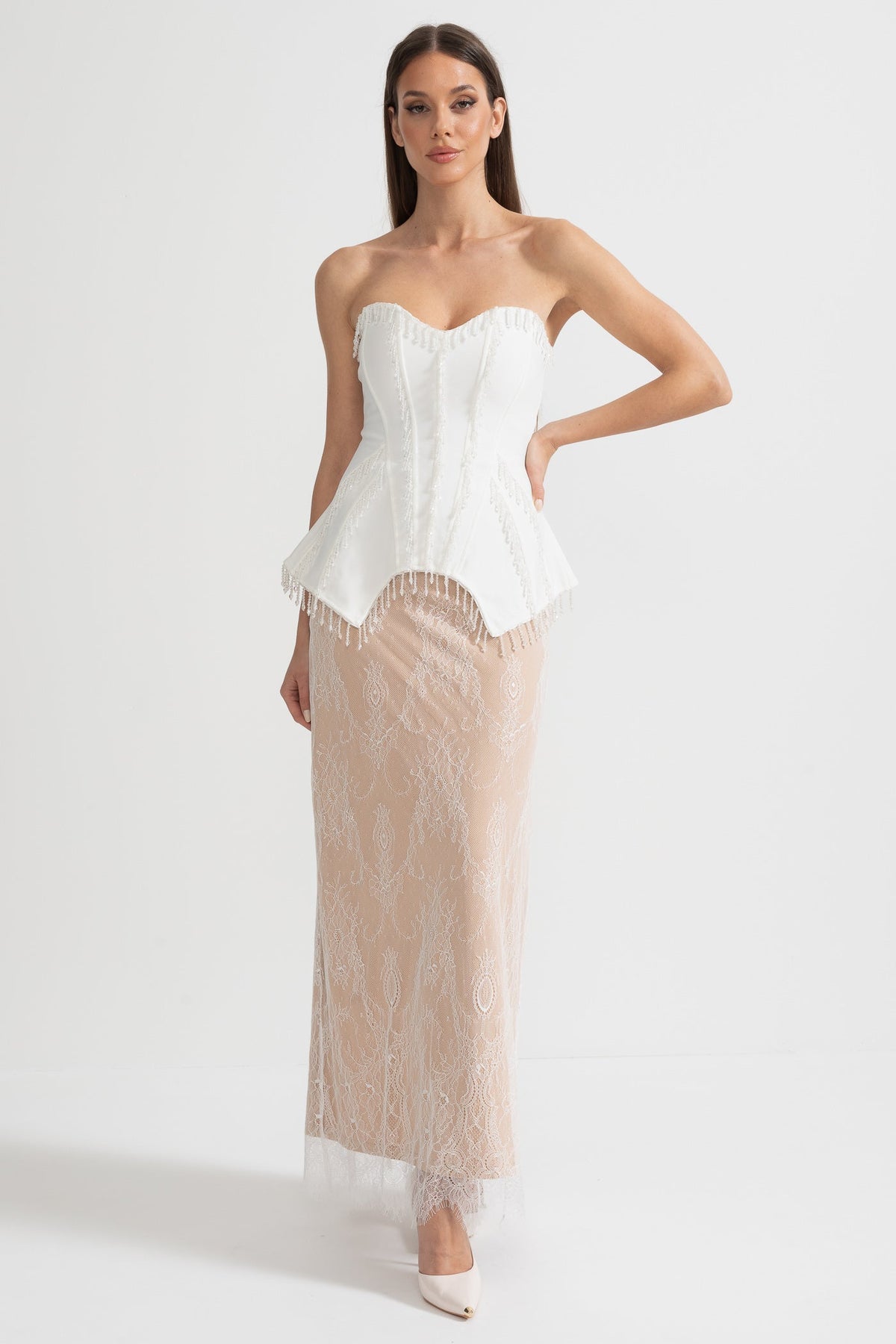 Elegant Corset Gown With Corset Top And Sheer Nude Maxi Skirt - White