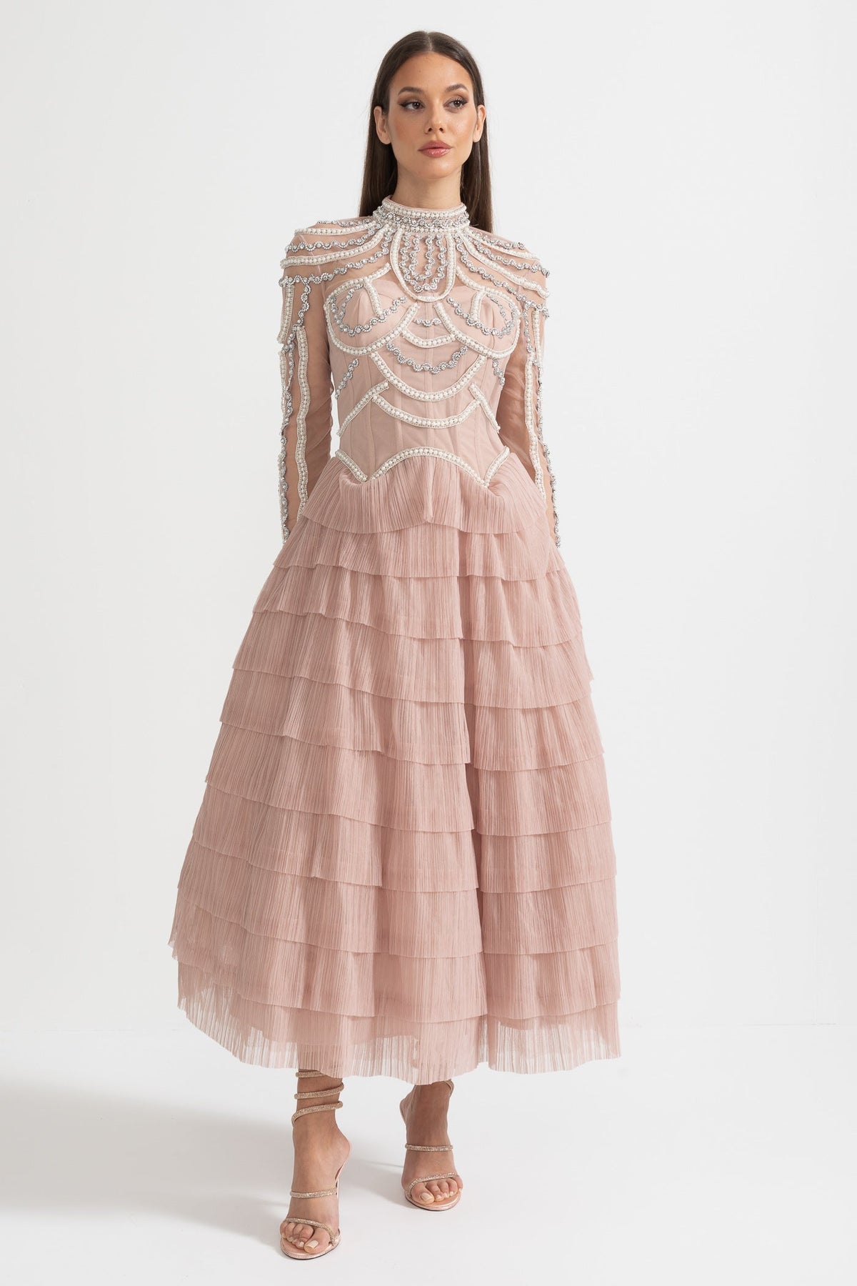 Pearl Crystal Long Sleeve Mesh Tiered Ruffle Tea Length Midi Dress