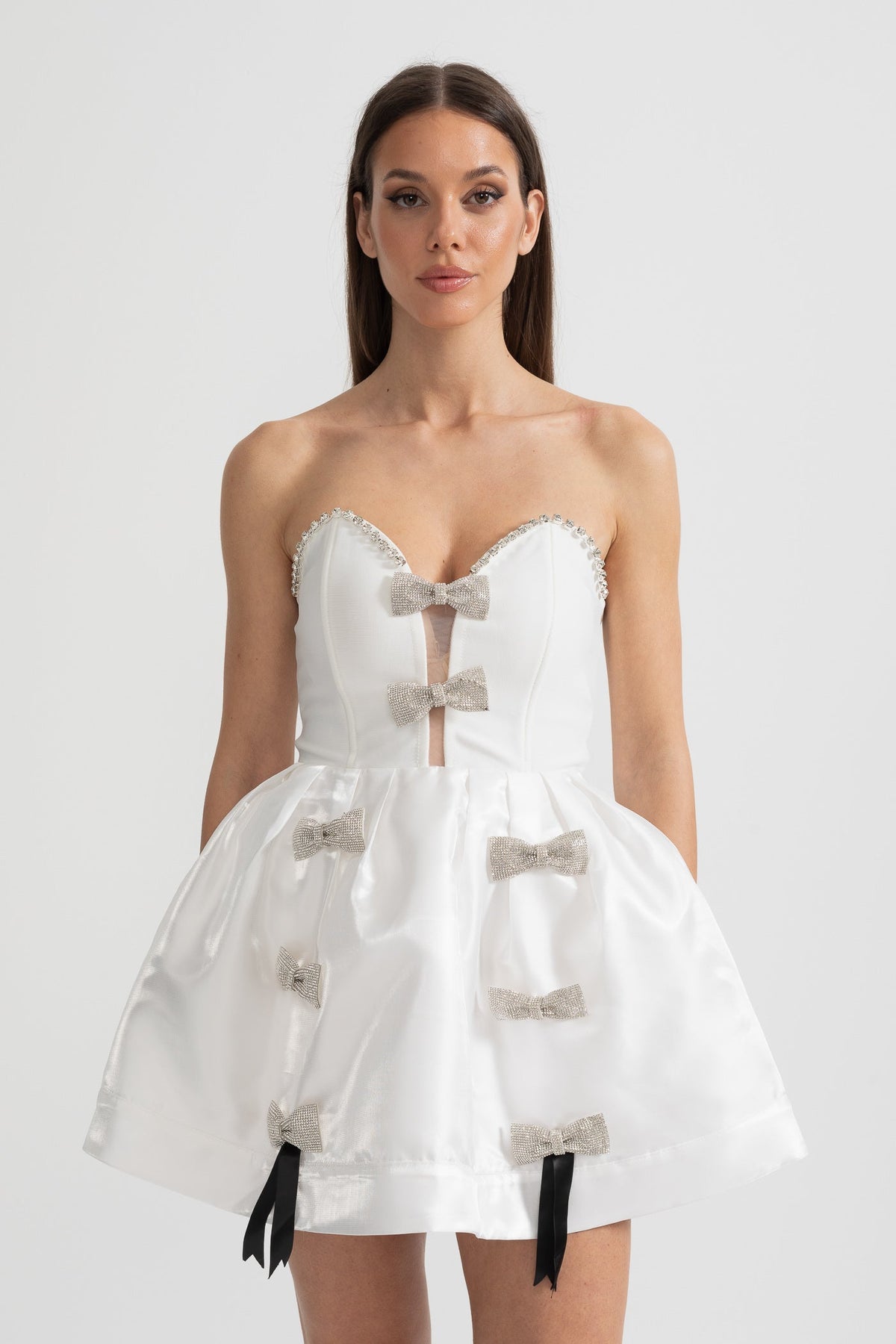 Strapless Mini Dress with Crystal Bow Embellishments - White
