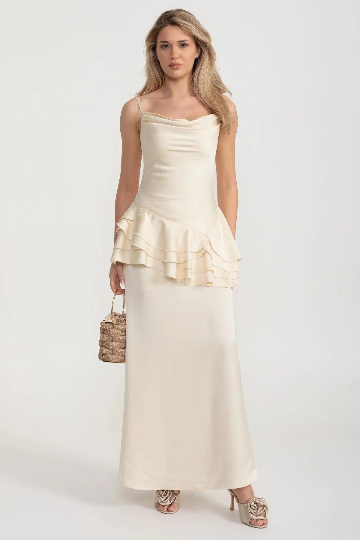 Cowl Neck Spaghetti Strap Tiered Peplum Ruffle Satin Maxi Gown