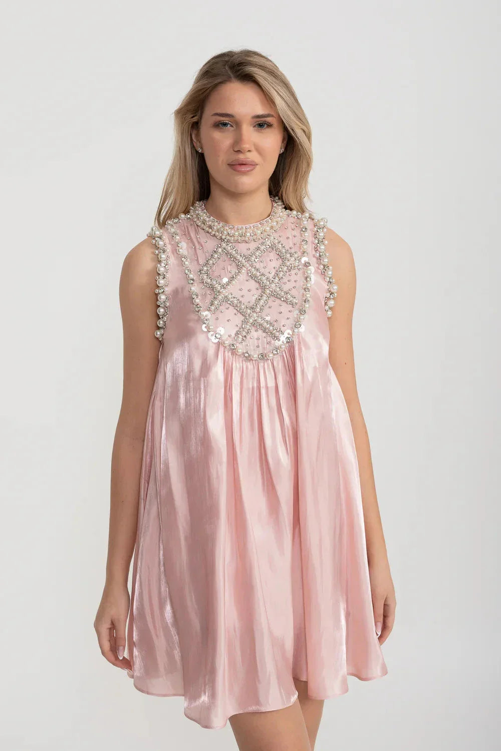 Sequin Pearl Embellished Bib Neck A-Line Shift Mini Dress