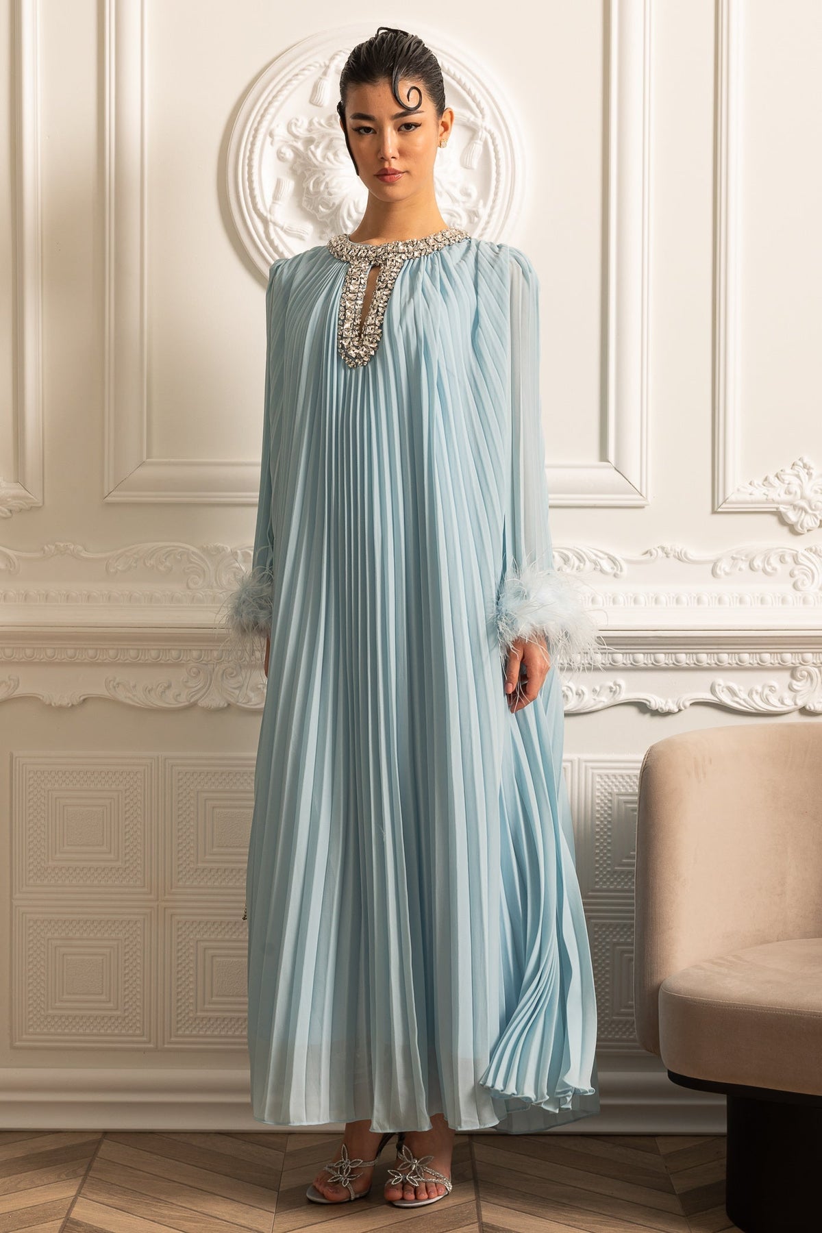 Rhinestone Keyhole Neck Pleated Feather Trim Maxi Gown